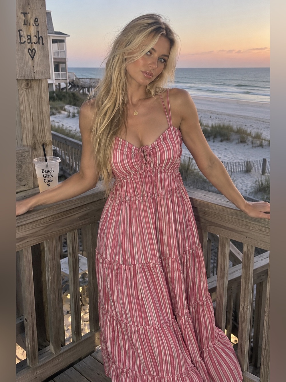 Pink Chic Maxi Beach Summer Striped Lightweight Vacation Dress - Women’s